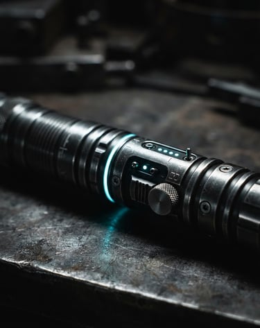 Macro shot of the 528Hz DNA Repair Wand's metallic chassis, high-contrast rim lighting, cold cyan accents, sharp macro details, 50mm lens, dark industrial product photography