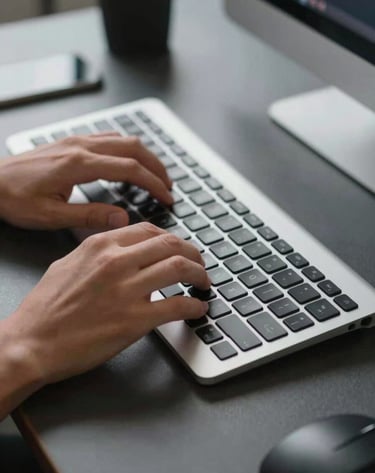 A close-up of a designer's hands working on a modern keyboard at a dark slate gray desk in a North American / US studio, professional atmosphere with soft silver lighting accents.