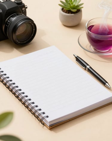 Stack of beautifully bound journals accompanied by delicate, high-end stationery on a neutral-toned surface.