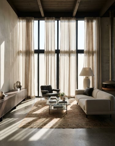 Wide shot of a modern living room with tall, tailored linen curtains filtering crisp morning light, creating sharp shadows. High-contrast architectural photography, straight-on elevation.