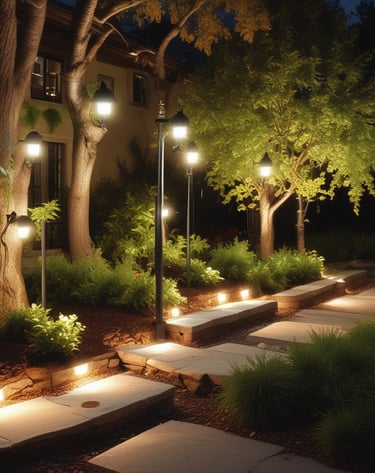 Outdoor pathway lights casting a gentle glow along a garden path.