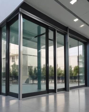 Close-up of a glass door installation highlighting the precise finishing and hardware.