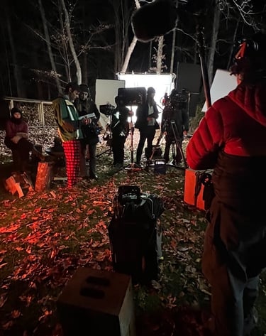 New England night exterior narrative film set.