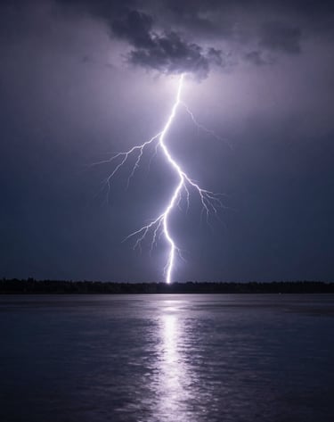 Dramatic high-speed photography of a single, bright lightning bolt striking a dark horizon over a calm lake, charcoal and electric blue hues, sharp detail, minimalistic composition.