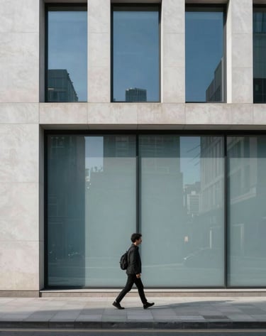 Minimalist street life scene in a modern Western city, featuring clean geometric architecture, a single figure walking past a glass wall reflecting a muted blue sky, elegant and modern composition.