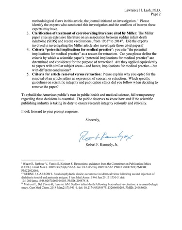 Formal letter signed by Robert F. Kennedy Jr. regarding vaccine safety research and journal article retractions.
