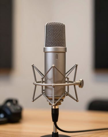A close-up photograph of a high-end podcasting condenser microphone in a curated North American home studio. The background features warm off-white walls and a soft-focus wooden desk.