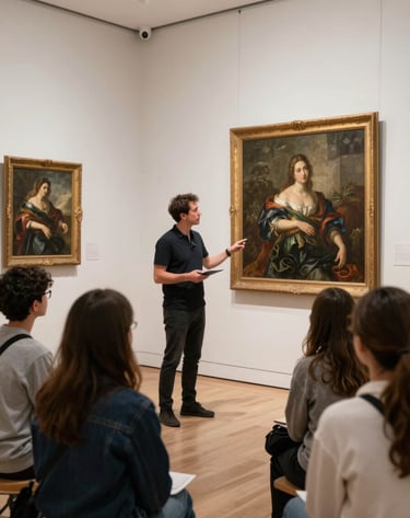 A professional art teacher explaining a classical oil painting to a group of attentive students in a modern North American museum gallery. The composition is clean and elegant.