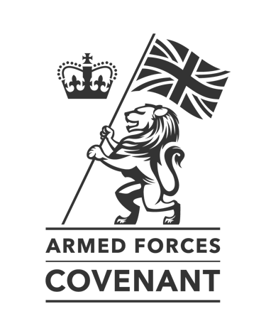 Official Armed Forces Covenant logo featuring a British lion holding the Union Jack flag and a crown.