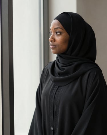 A woman smiling gently while adjusting her abaya sleeve by a window.