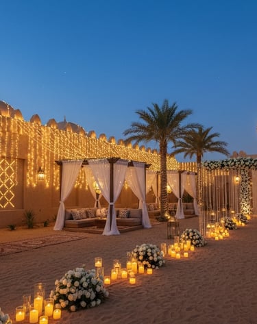 Elegant outdoor Ramadan Iftar setting with white cabanas, fairy lights, and crescent moon decor.