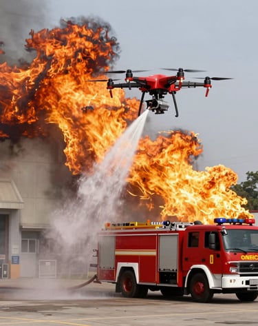 Aerial shot showing a team of drones coordinating in formation above an urban fire emergency