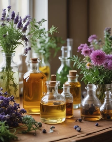 Vitamin bottles with simple labels surrounded by fresh herbs and flowers, emphasizing purity