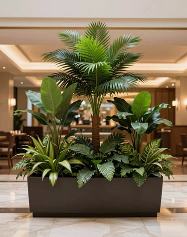 Commercial office lobby decorated with large artificial plants in sleek, light wood planters.