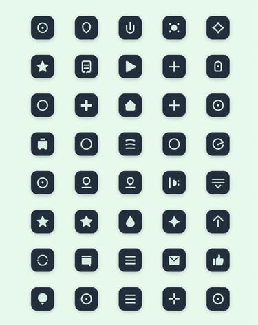 A detailed, minimalist shot of custom UI icons and typography style guide. The presentation is orderly and professional, using brand colors #1C2826 for the icons against a soft #A7C5C3 backdrop. Studio lighting creates a polished, high-end feel.