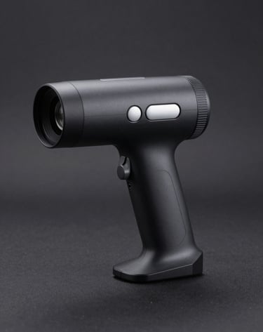 Studio photography of a futuristic handheld scanning device on a minimalist dark surface. The design is sleek with a matte charcoal black finish and subtle soft silver buttons, captured with sharp focus and clean lines in a North American / US studio.