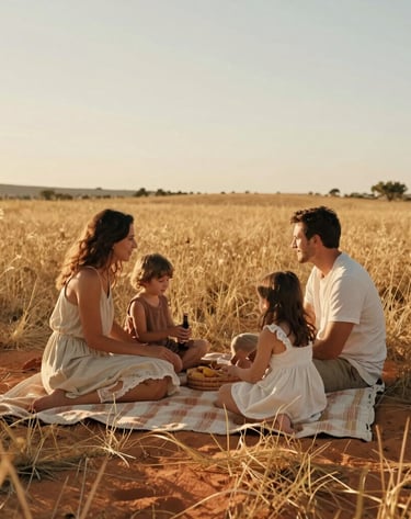 An authentic lifestyle photograph of a family picnic in a golden meadow in Spain during late afternoon. Warm sunlight highlights the soft sand and orange clay colors of the field. Candid and poetic style capturing real emotions.