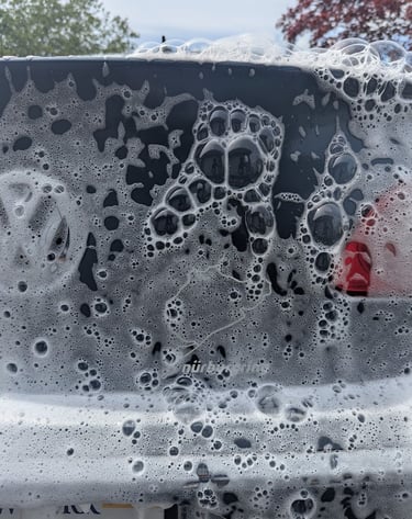White soapy foam bubbles covering the rear window of a black car during a professional car wash.