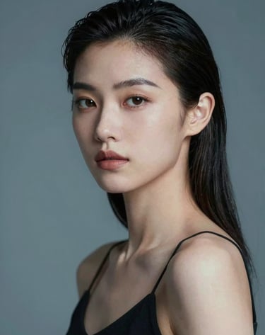 Professional studio portrait of a model with artistic lighting, deep shadows and #98C1D9 highlights, showcasing the hyper-realistic capabilities of the Studio Ensaio Digital AI technology.