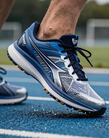 Extreme close-up of a high-performance running shoe hitting a blue track, droplets of water or grit flying, dynamic and fast-paced, professional lighting, steel blue and black color palette.