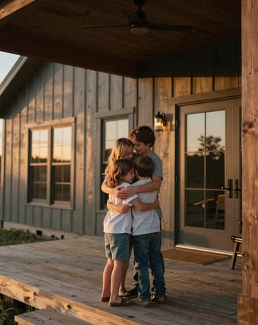 Authentic lifestyle photography of a family hug on a wooden porch of a modern farmhouse, warm evening glow, North American style, soft shadows and cinematic lighting.