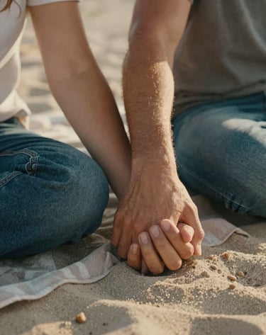 Close-up of parents' hands entwined while sitting on a soft sand colored blanket. Warm, late afternoon light. North American US style casual attire. Intimate and authentic atmosphere.