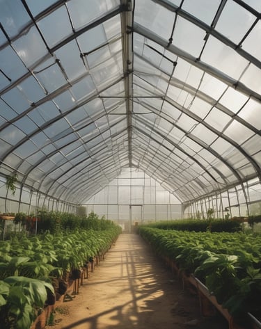 An interior view of a greenhouse showing heating pipes and lighting fixtures supporting plant growth.