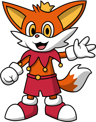 Cartoon anthropomorphic fennec fox with orange fur. It wears a yellow crown and a red jester cowl.