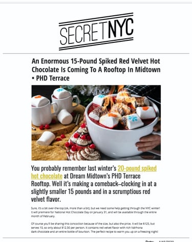 a flaming 15 lb red velvet hot chocolate made by Paola Marocchi pastry chef 