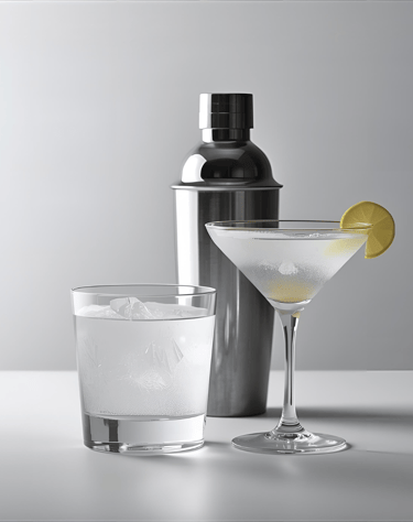 Vodka martini cocktail with a cocktail glass and a shaker