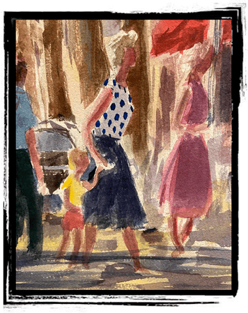 watercolor woman walking with a child