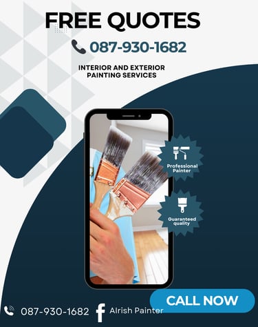 Professional interior and exterior painting services advertisement with paintbrush and contact number.