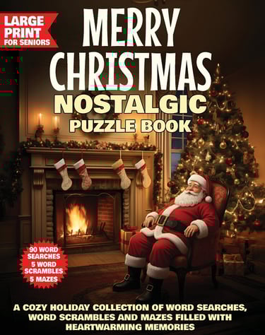 A cozy Christmas puzzle book for seniors with word searches, word scrambles, and mazes, featuring nostalgic holiday memories.