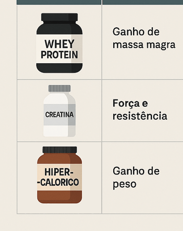 Tabela Comparativa de Suplementos(Whey Protein vs Hipercalórico vs Creatina)