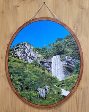 Médaillon peint en trompe-l'oeil sur porte en bois. Cascade du Chapeau de Gendarme dans le Jura