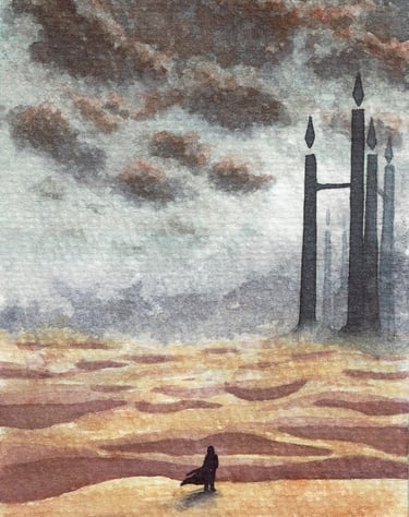 Peinture aquarelle d'un paysage fantastique avec au loin une cité étrange