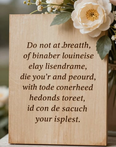 A beautiful memorial wood plaque featuring a laser-engraved quote and a delicately placed floral arrangement, shot with soft, feminine lighting and warm neutral tones.