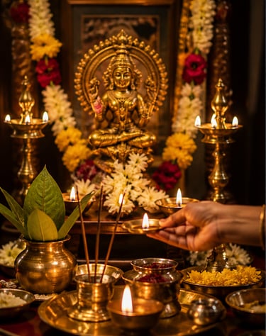 Traditional Hindu prayer altar with a golden Lakshmi idol, lit oil lamps, and flower garlands for Diwali puja.