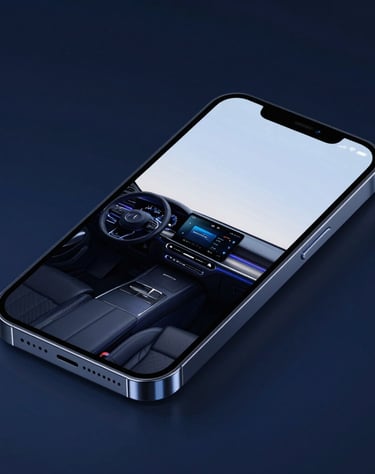 Angled perspective of a sleek smartphone mockup displaying a luxury interior design portfolio, sharp focus, dark blue ambient backlighting, glowing glass borders