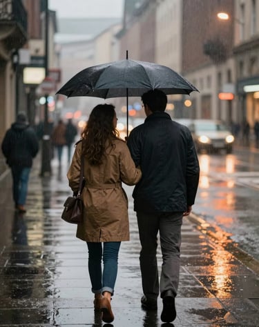 A cinematic street photography shot of a couple walking in the rain with a charcoal umbrella, warm terracotta city lights reflecting on pavement.