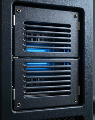 An artistic close-up of a secure server's ventilation panel with soft steel blue light leaking through. Dark slate grey texture, professional and mysterious mood.