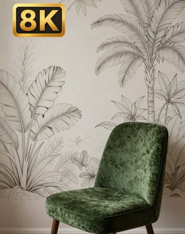 An atmospheric shot of a studio corner featuring a moss green chair and a large canvas with a delicate, nature-inspired line drawing mural in progress.