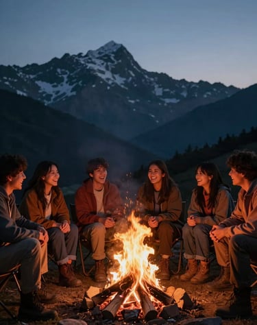 A group of friends laughing around a campfire in the mountains during the blue hour. The fire provides a warm terracotta glow against the cool charcoal sky.
