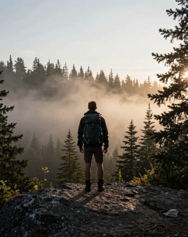 Adventure lifestyle shot of a hiker looking out over a North American forest at dawn, sun-drenched mist, cinematic and charcoal silhouettes.