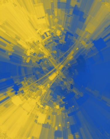 Abstract energetic painting with sweeping strokes of yellow #E2B941 and deep blue #0A1128, expressing movement and creativity.