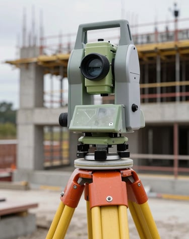 Close-up detail of engineering survey instruments on a construction site—total station tripod in foreground, partially finished concrete structure in background, overcast daylight, no people, technical precision visible in the equipment