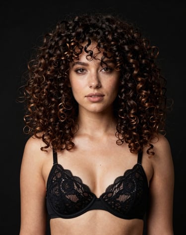 Studio portrait of an adult female model under atmospheric dark lighting, high-contrast pink rim lighting casting soft highlights, premium seductive style, Latin American / Global style.