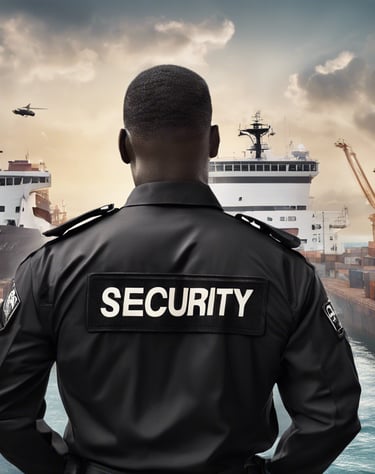 a security officer standing in front of a large ship