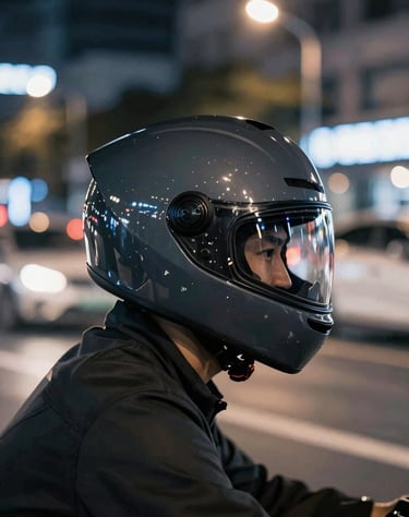 A motion blur shot of city lights reflecting on the dark charcoal helmet of a rider moving through traffic at night. The palette consists of dark grey and off-white streaks. Global / Western metropolitan area.