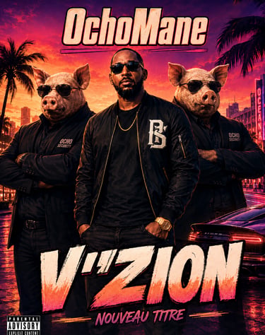 OchoMane V'Zion album cover featuring a man with pig-headed bodyguards in a sunset city setting.
